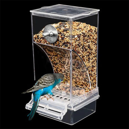 Mess Bird Cage Feeder Automatic Parrot Seed Feeders with Perch Acrylic Transparent Seed Food Container Cage Accessories