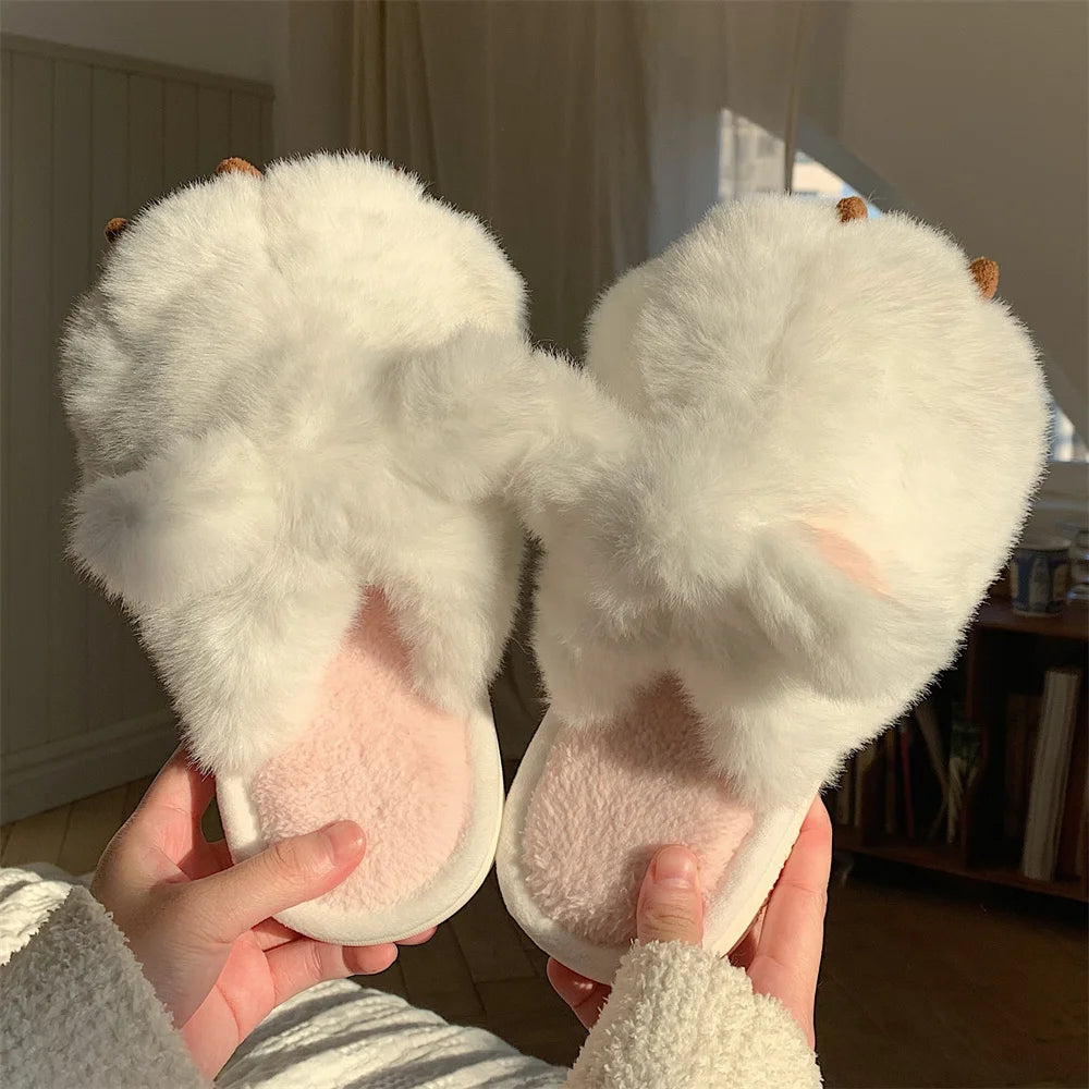 Cute Warm Cat Paw Cotton Slippers For Women's 2022 Winter Home Plush Anti-skid Slipper Funny Household Shoes