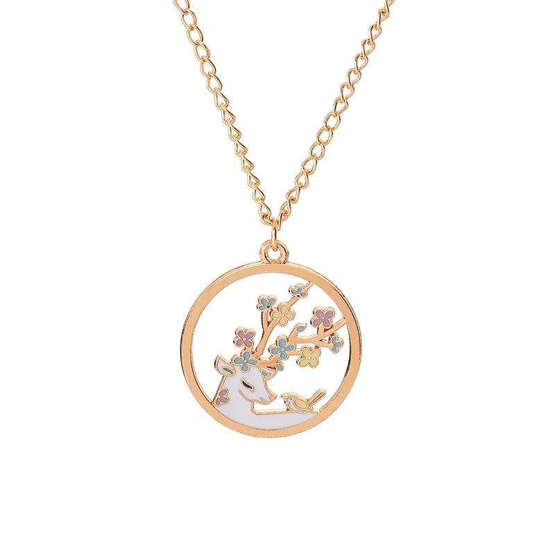 Cute Cat Bunny Sika Deer Necklace for Women Kids Fashion Cartoon DIY Animal Pendant Necklace Party Jewelry Accessories Gift