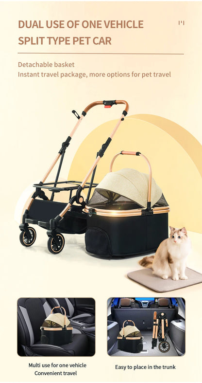 4 in 1 Pet Stroller, Folding Light weight Cat &Dog Stroller with Detachable Carrier, 180° Reversible Canopy, All Terrain 4-Wheel