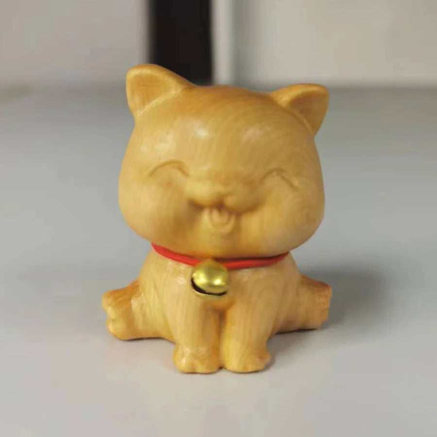 New miniature lucky cat Green Sandalwood Carving Slanted Head Cat Cute Kitten Snake Desktop Ornament Home Decoration