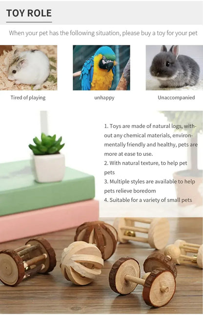 Cute Rabbit Roller Toys Natural Wooden Pine Dumbells Unicycle Bell Chew Toys for Guinea Pigs Rat Small Pet Molars Supplies