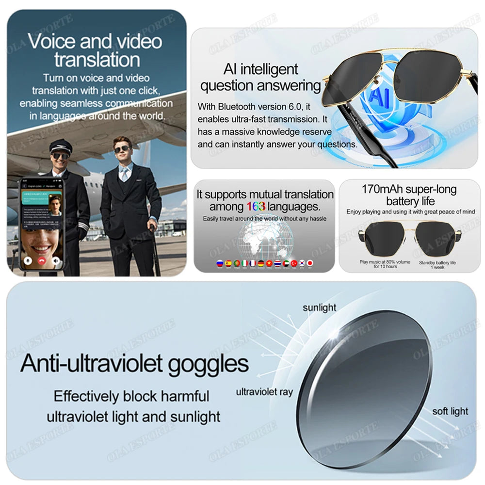 AI Smart Glasses with ChatGPT4.0 Instant Translation 164 Languages Bluetooth Calls IP67 Waterproof HD Camera for Travel Business