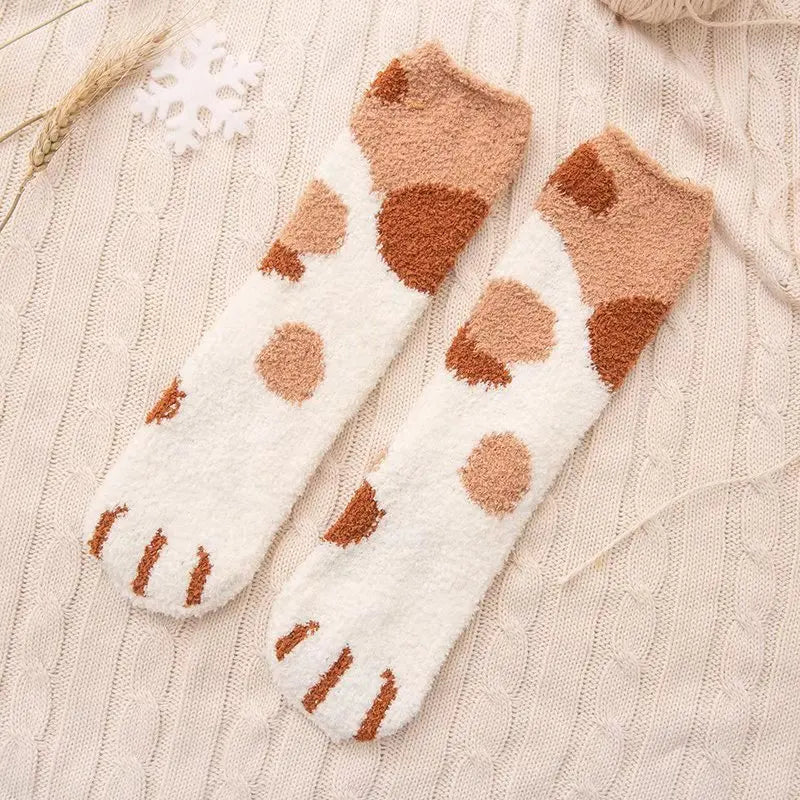 Women Winter Warm Fluffy Socks Cute Animal Claw Cat Paw Footprint Fuzzy Socks Female Thick Coral Fleece Home Floor Sleep Socks