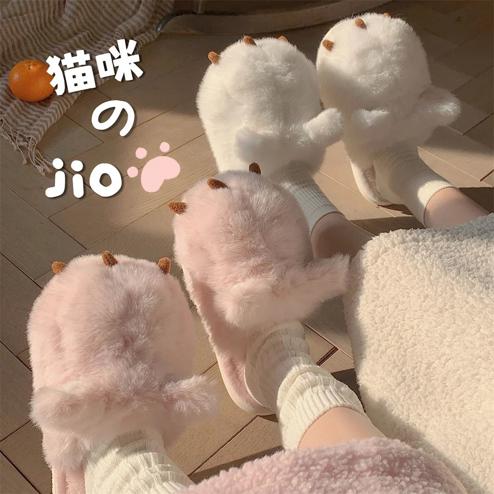 Cute Warm Cat Paw Cotton Slippers For Women's 2022 Winter Home Plush Anti-skid Slipper Funny Household Shoes