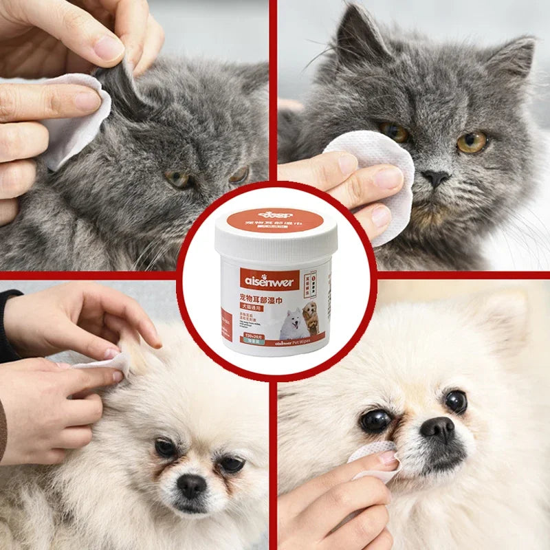 150PCS Pet Remove Dirt From Eyes and Ears Wipes Dog and Cat Earwax Clean Ears Odor Remover Wet Tissue Cleaning Tools Supplies