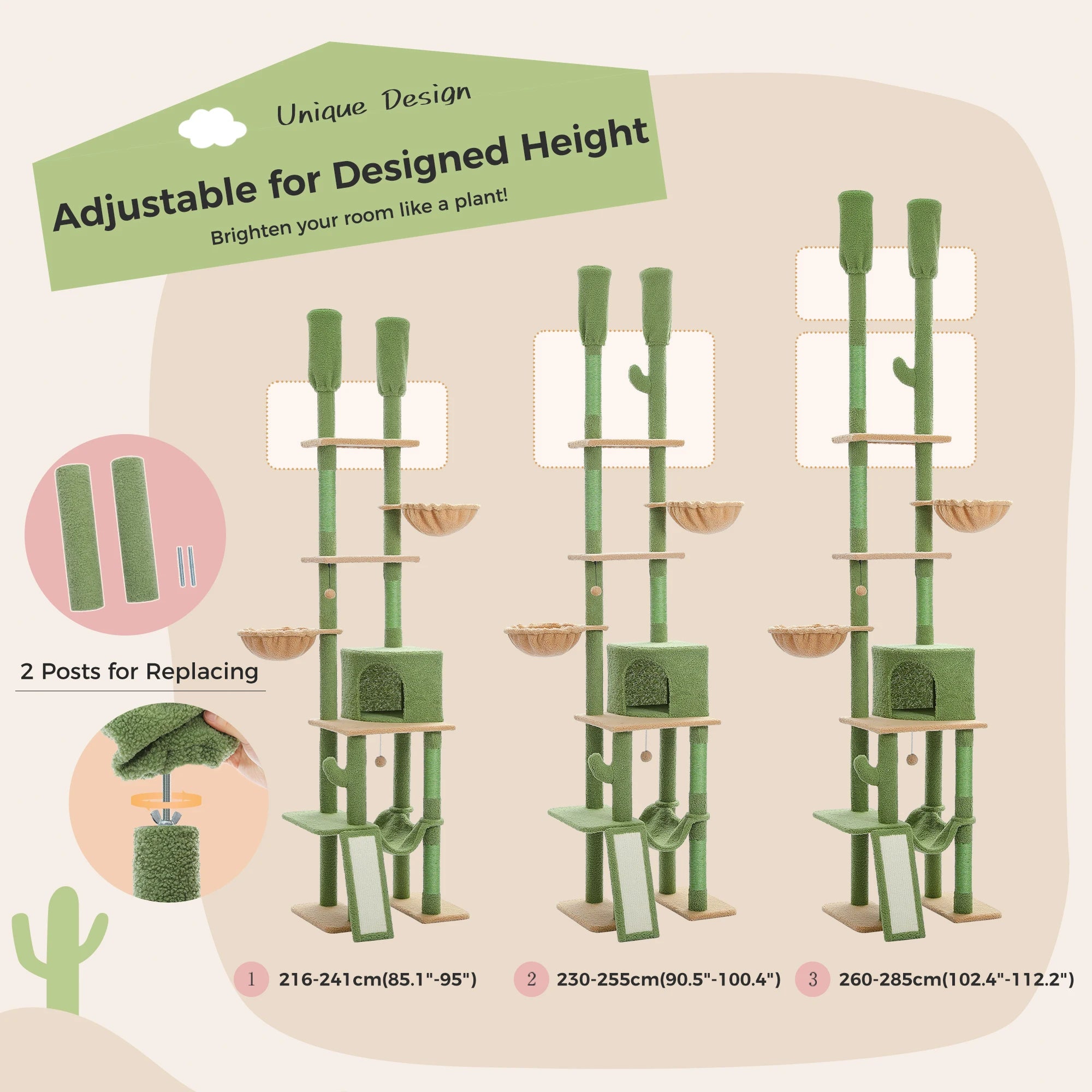 Cactus Cat Tree Floor to Ceiling Cat Tower 7 Tiers Cat Climbing Tree with Cozy Hammocks and Condos 5 Platforms Scratching Posts