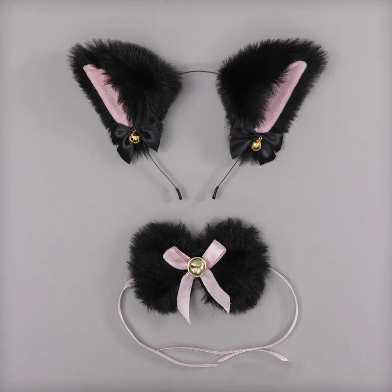 Cat Ear Bow Headband Necklace Cat Claw Gloves Cosplay Plush Bell Hairband Women Girl Masquerade Party Headwear Hair Accessories