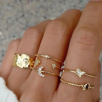 LATS 10Pcs Rings Suit For Women Silver-color Chain Ring Set Bohemian Style Coin Snake Moon Star Party Trend Gift Jewelry