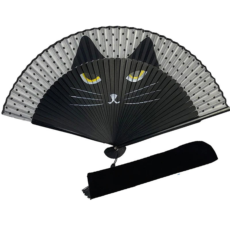 Japanese Style Cat Pattern Bamboo Folding Fan Women Lovely Cartoon Kitty Hand Fans Kimono Bathrobe Handheld Fan