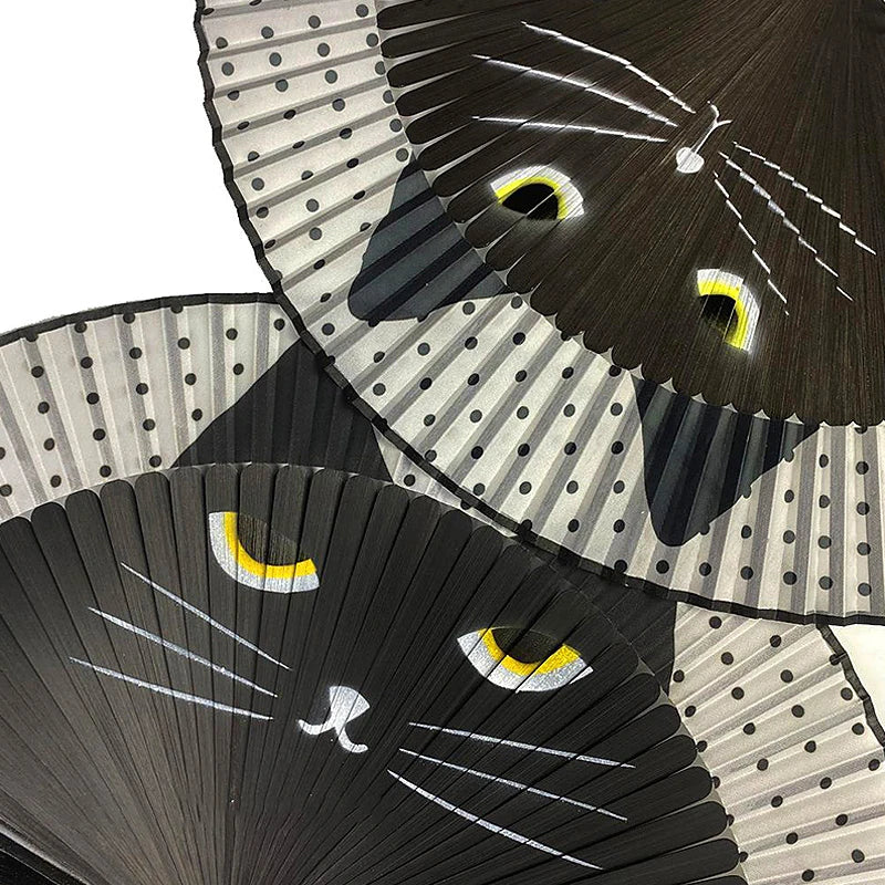 Japanese Style Cat Pattern Bamboo Folding Fan Women Lovely Cartoon Kitty Hand Fans Kimono Bathrobe Handheld Fan