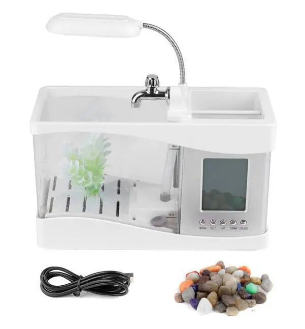 USB Mini Aquarium Fish Tank with LED Light & LCD Clock - Decorative Beta Fish Tank with Pebbles