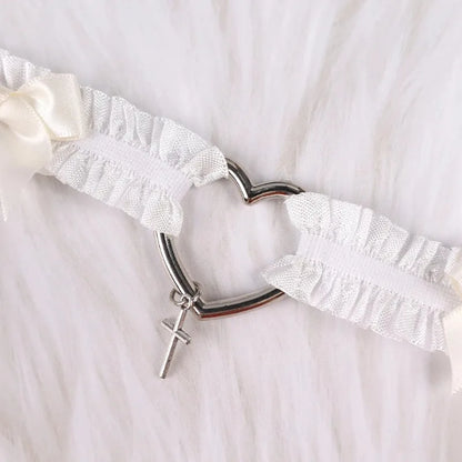 Gothic Lace Garter Belt Heart Bowknot Black White Elastic Choker Strap Cosplay Bondage Lingerie Harness Cross Lolita Leg Garters