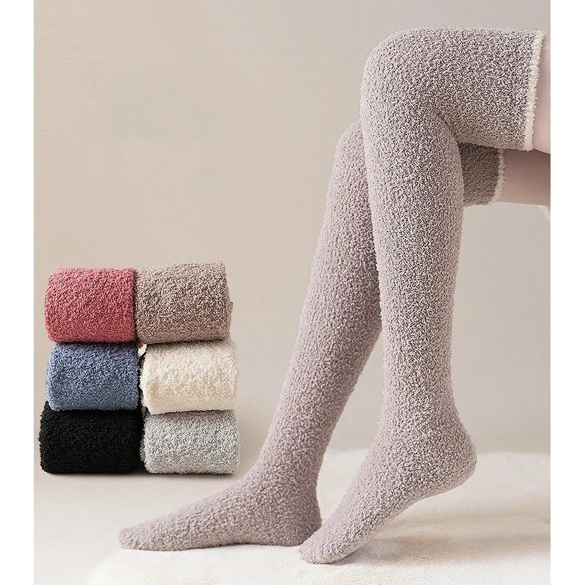 Winter Warm Coral Fleece Over-knee High Socks for Women Plush Home Sleep Floor Long Socking Jk Solid Soft Thigh High Fun Sock