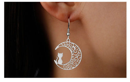 Cazador Cute Cat Kitten Crescent Moon Earrings for Women 2024 Stainless Steel Filigree Drop Earrings Jewelry Birthday Gift 2024