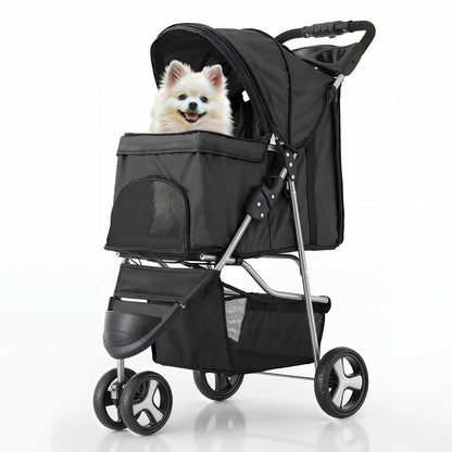 Foldable Pet Stroller Trolley Carrier With Wheels 3 Wheels Pet Strolling Cart For Small/Medium Dogs And Cats With Storage Basket