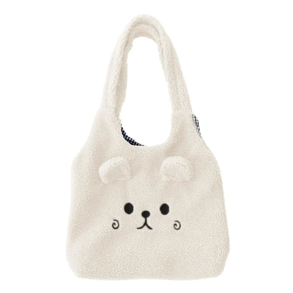 School Bag Cartoon Embroidery New Winter Soft Plush Tote Bag Shopper Bag Shoulder Bag For Women Cute B5K9