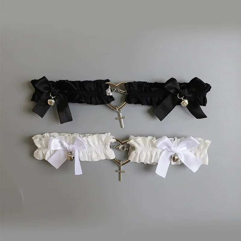 Gothic Lace Garter Belt Heart Bowknot Black White Elastic Choker Strap Cosplay Bondage Lingerie Harness Cross Lolita Leg Garters