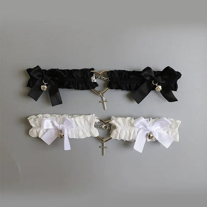 Gothic Lace Garter Belt Heart Bowknot Black White Elastic Choker Strap Cosplay Bondage Lingerie Harness Cross Lolita Leg Garters