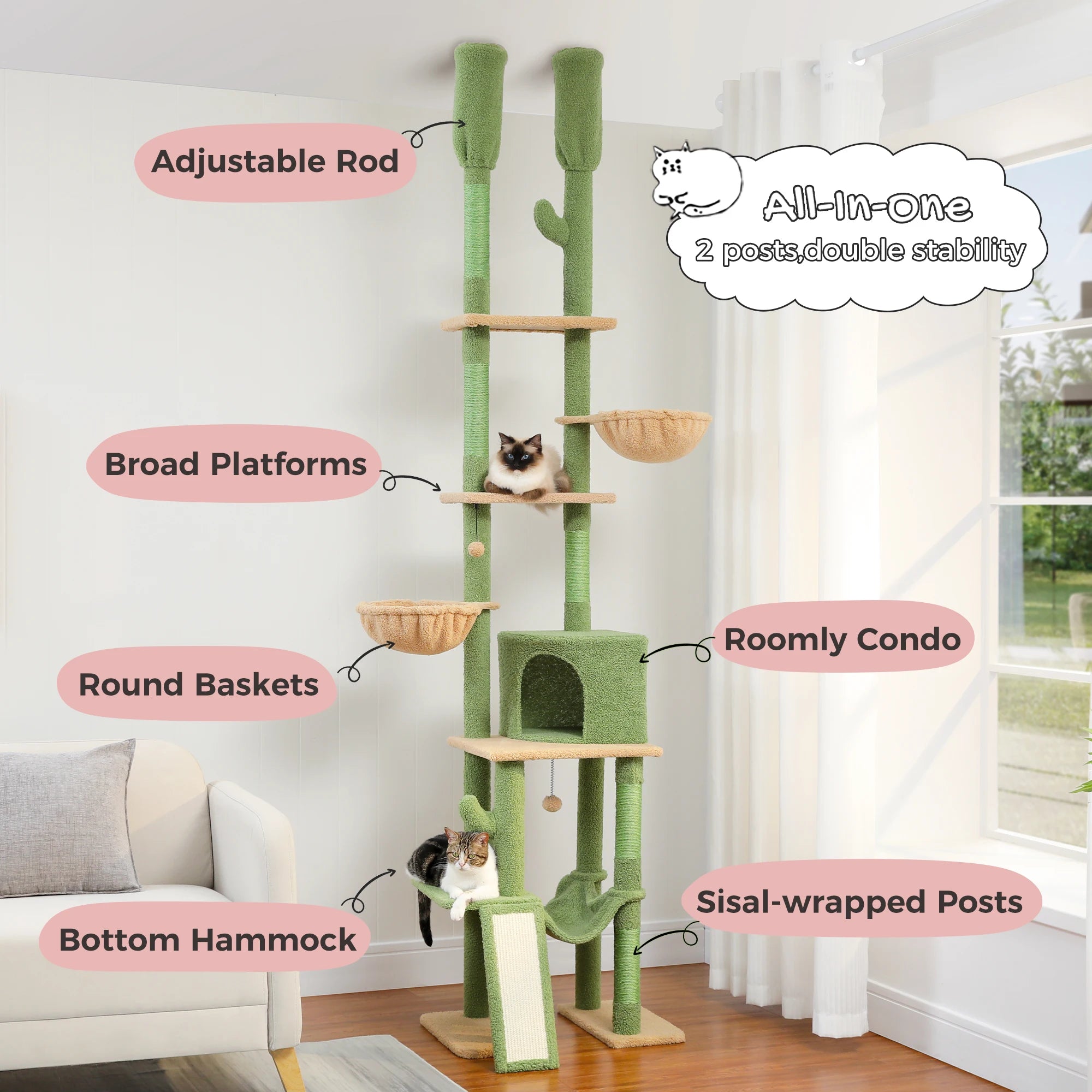 Cactus Cat Tree Floor to Ceiling Cat Tower 7 Tiers Cat Climbing Tree with Cozy Hammocks and Condos 5 Platforms Scratching Posts