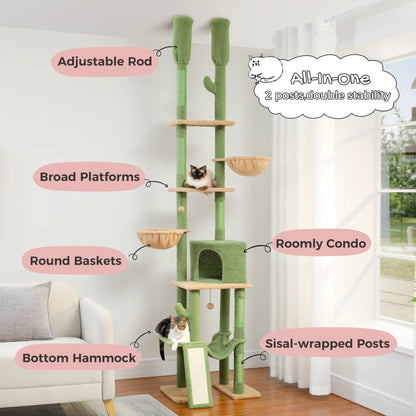 Cactus Cat Tree Floor to Ceiling Cat Tower 7 Tiers Cat Climbing Tree with Cozy Hammocks and Condos 5 Platforms Scratching Posts