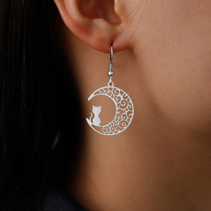 Cazador Cute Cat Kitten Crescent Moon Earrings for Women 2024 Stainless Steel Filigree Drop Earrings Jewelry Birthday Gift 2024