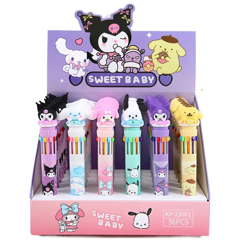 Sanrio Cartoon Ballpoint Pen 18/36pcs Kuromi Hello Kitty Cinnamoroll 10 Color 0.7 School Student Stationery Draw Wrirte Mark Pen