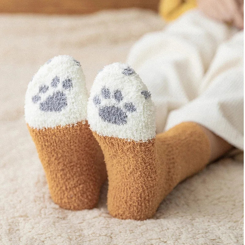 Plush Winter Funny Cute Style Animal Cat Paw Cartoon Pattern Women Cotton Socks Super Soft For Female House Sleeping Floor Sox