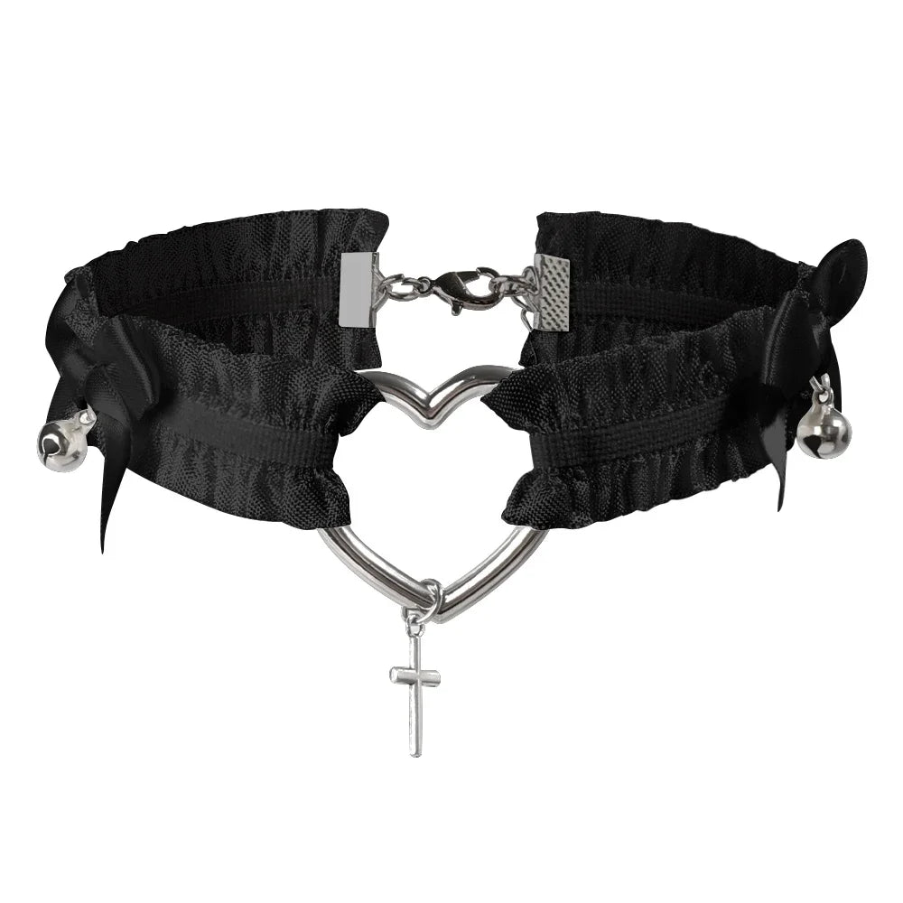 Gothic Lace Garter Belt Heart Bowknot Black White Elastic Choker Strap Cosplay Bondage Lingerie Harness Cross Lolita Leg Garters