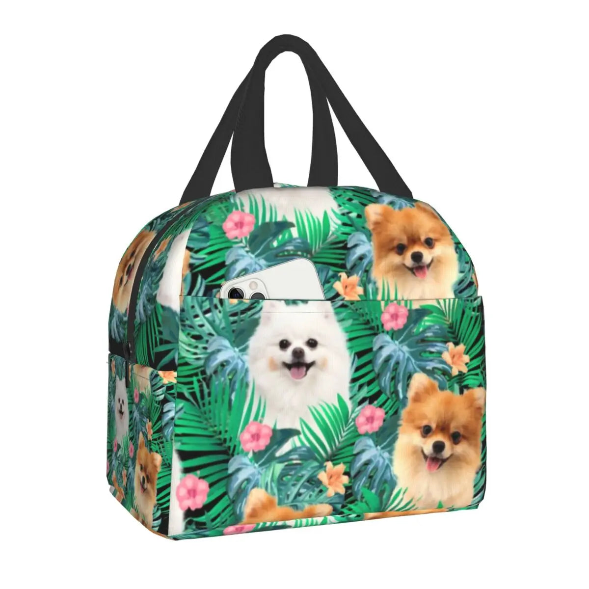 Pomeranian Dog With Summer Leaf Insulated Lunch Bag for School Office Pet Spitz Resuable Thermal Cooler Bento Box Women Kids