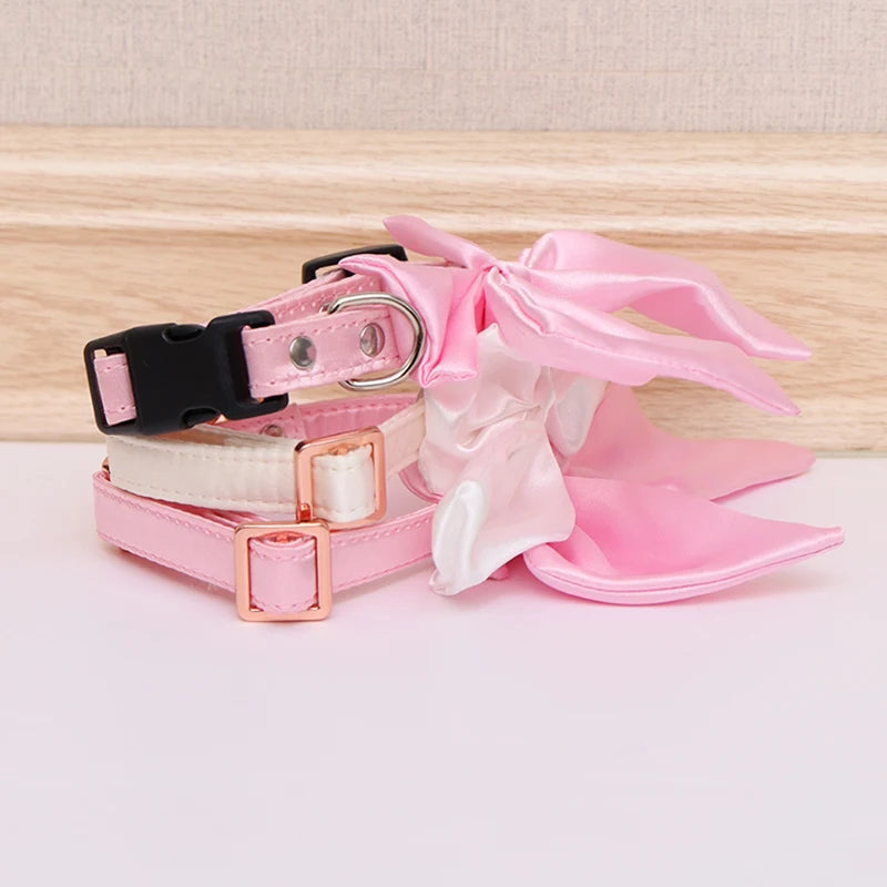 Silk Pink Dog Collar Adjustable Collar for Girl  Puppy Kitten Cats Big Bow White Pet Collar with Metal Buckle Pet Accessories