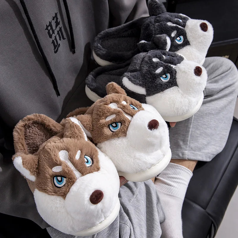 Women Indoor Cotton Slippers Cute Cartoon Dog Winter Warm Shoes Couples Home Floor Slides Anti-slip  Female Male House Footwear