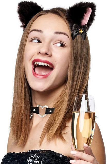 Cat Ear Bow Headband Necklace Cat Claw Gloves Cosplay Plush Bell Hairband Women Girl Masquerade Party Headwear Hair Accessories