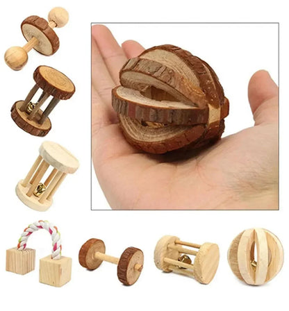 Cute Rabbit Roller Toys Natural Wooden Pine Dumbells Unicycle Bell Chew Toys for Guinea Pigs Rat Small Pet Molars Supplies