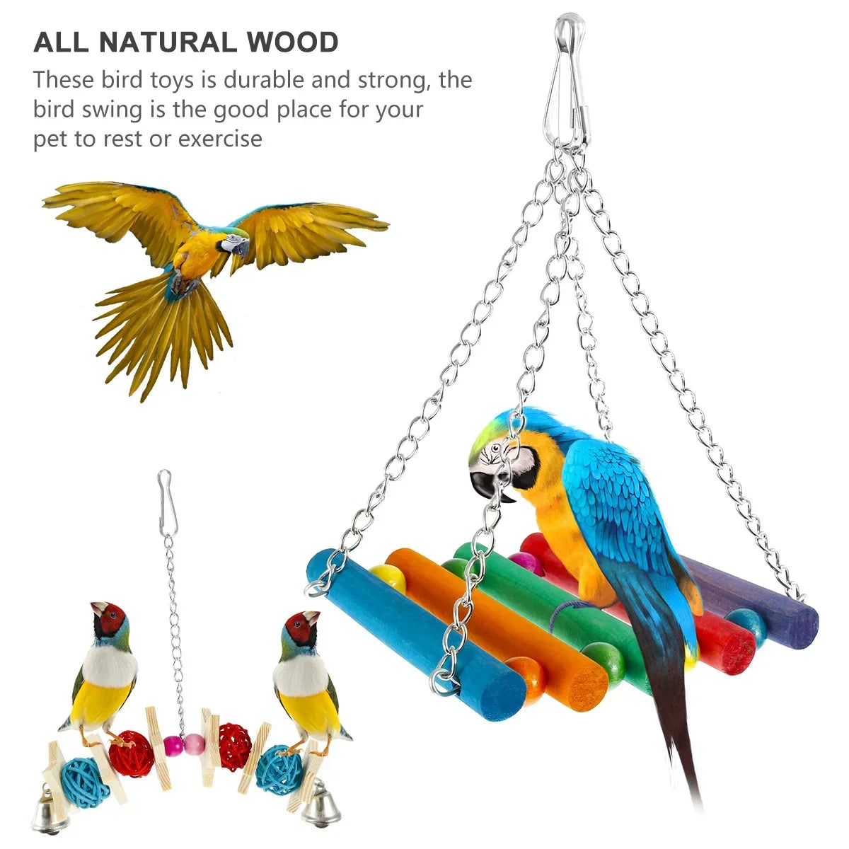 7Pcs Bird Parrot Toy Wood Colorful Bird Swing Toy Hanging Parrot Chewing Toy Parrot Playing Training Toy for Parakeets