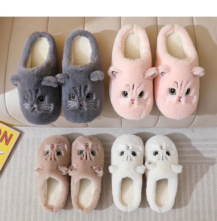 Winter Home Slippers Women Shoes Cute Cartoon Cat Slippers Men Warm Plush Slides Indoor Bedroom Non-Slip Floor Slipper