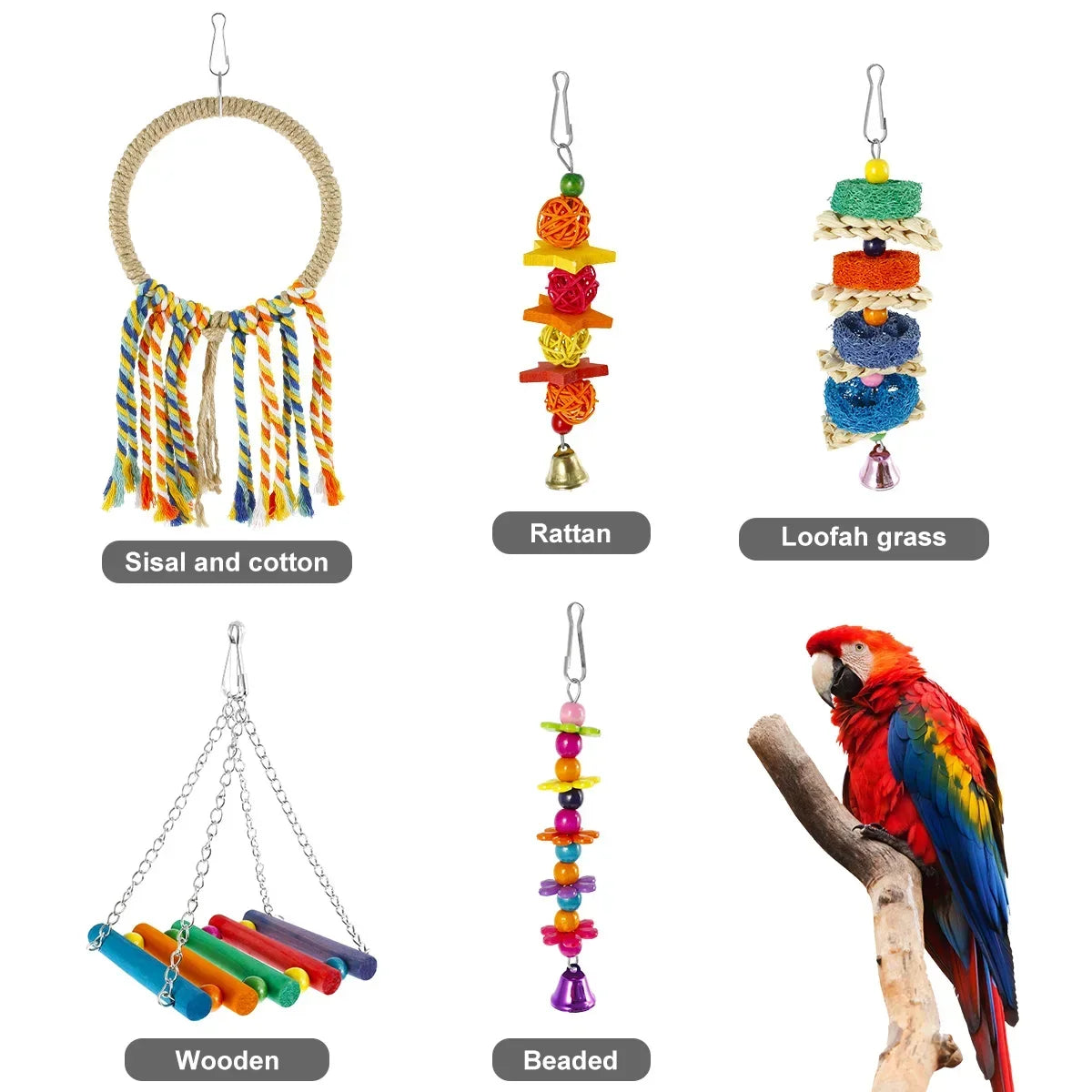 7Pcs Bird Parrot Toy Wood Colorful Bird Swing Toy Hanging Parrot Chewing Toy Parrot Playing Training Toy for Parakeets