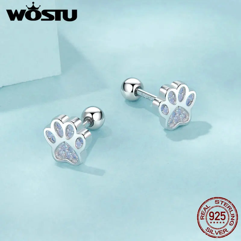 WOSTU 925 Sterling Silver Lovely Pink Opal Paw Stud Earrings For Women Cat Dog Pet Paws Ear Studs Girl Birthday Jewelry Gift