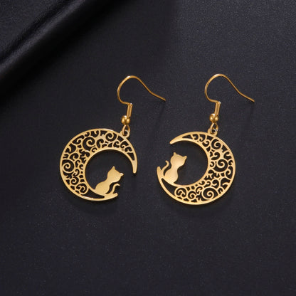 Cazador Cute Cat Kitten Crescent Moon Earrings for Women 2024 Stainless Steel Filigree Drop Earrings Jewelry Birthday Gift 2024