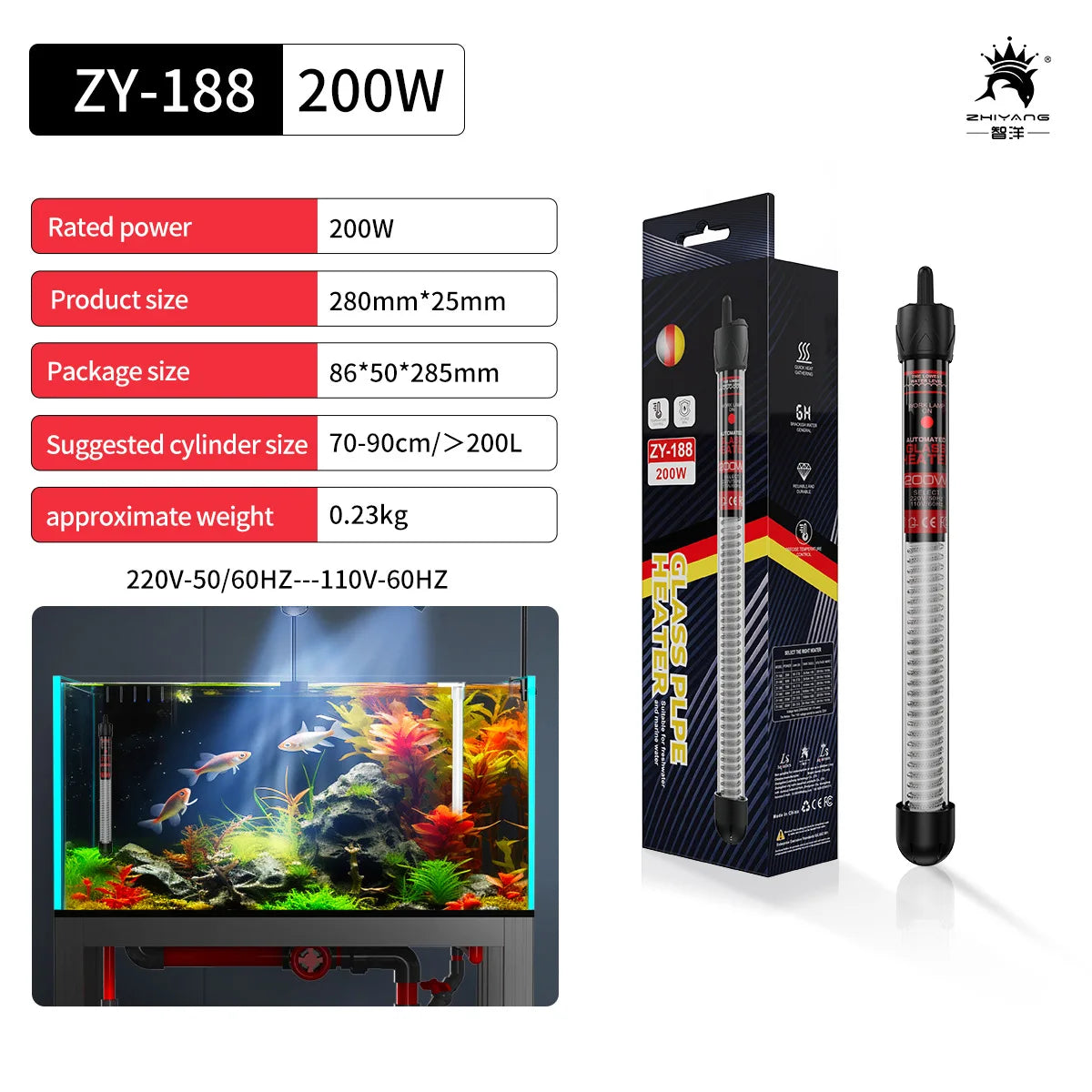 220v Adjustable Temperature Thermostat Heater Rod 25W/ 50W/ 100W/ 200W/ 300W Submersible Aquarium Fish Tank Water Heat