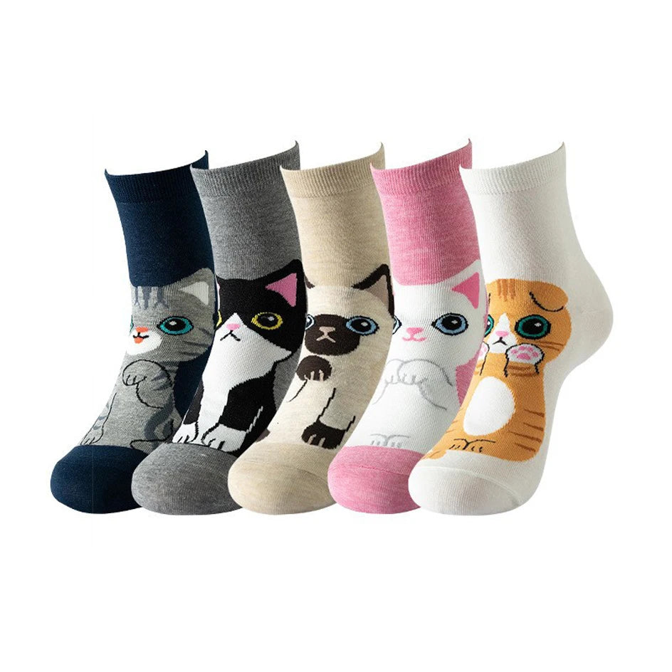 5 Pairs Women Socks Cartoon Cat Cute Funny Personality Soft Comfortable Chrismas Gift High Quality Cotton Socks For Women