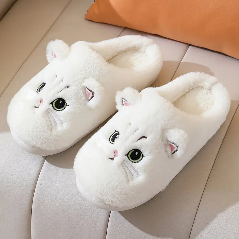 Winter Home Slippers Women Shoes Cute Cartoon Cat Slippers Men Warm Plush Slides Indoor Bedroom Non-Slip Floor Slipper