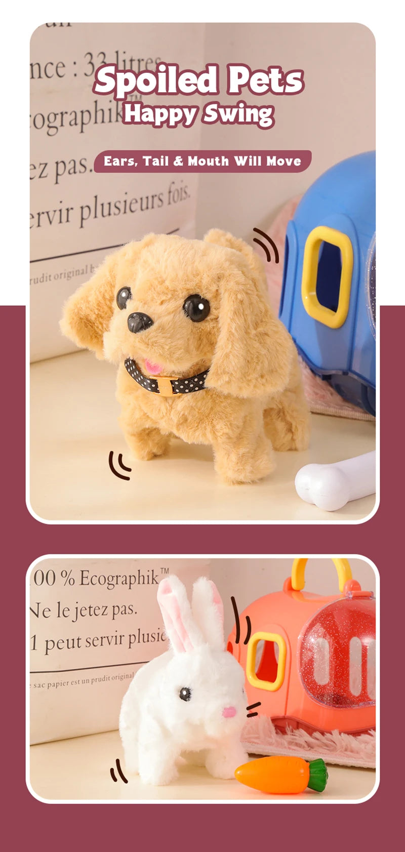 Children Pretend Play Pet Care Set Simulation Electric Plush Stuffed Dog Cat Rabbit Toy Walking Barking Education Toys for Girls