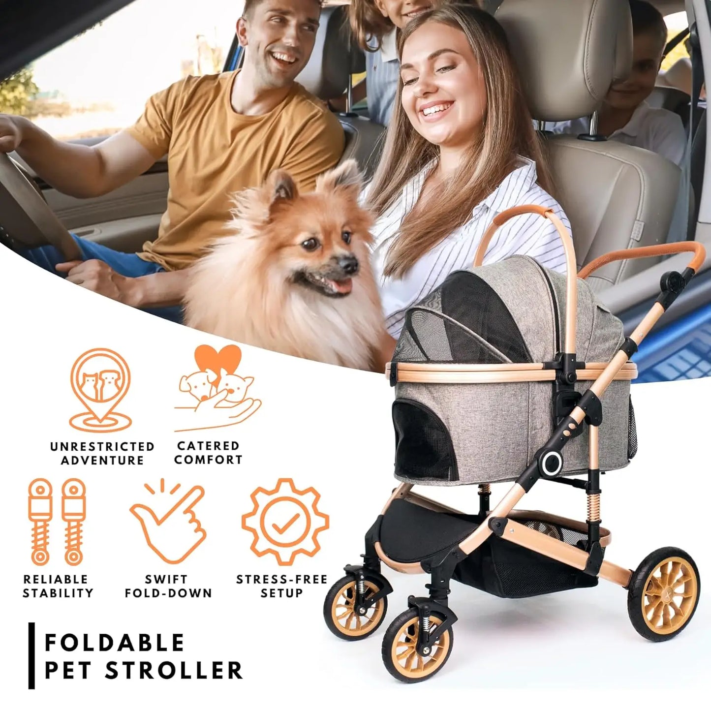 Folding 4 Wheels Dog Trolley Pet Jogger for Small Medium Dogs Travel