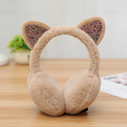 New Lovely Winter Warm Cat Ear Warmers Glitter Ears Plush Earmuffs for Women Playful Girls Ear Muffs Cold Protection Warm Hot