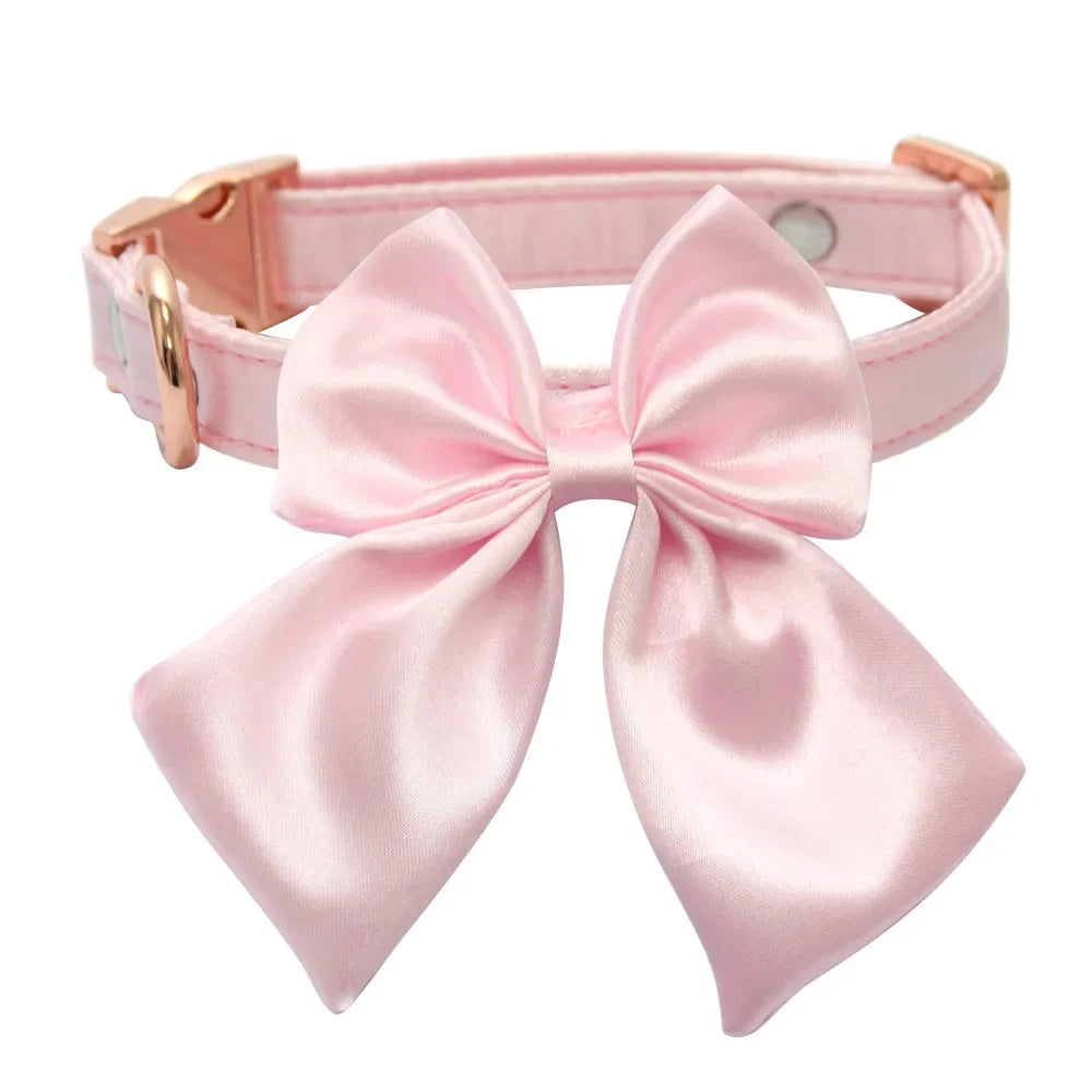 Silk Pink Dog Collar Adjustable Collar for Girl  Puppy Kitten Cats Big Bow White Pet Collar with Metal Buckle Pet Accessories