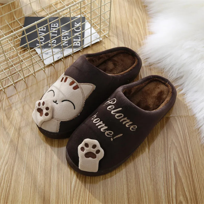 Women Winter Warm Slippers Cartoon Cat Shoes Furry Plush Slides Round Toe Flats Indoor Home Bedroom Floor Slippers Ladies Shoes