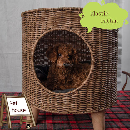 Brown Rattan Cat Cave Bed with Legs, Handwoven Pet Table