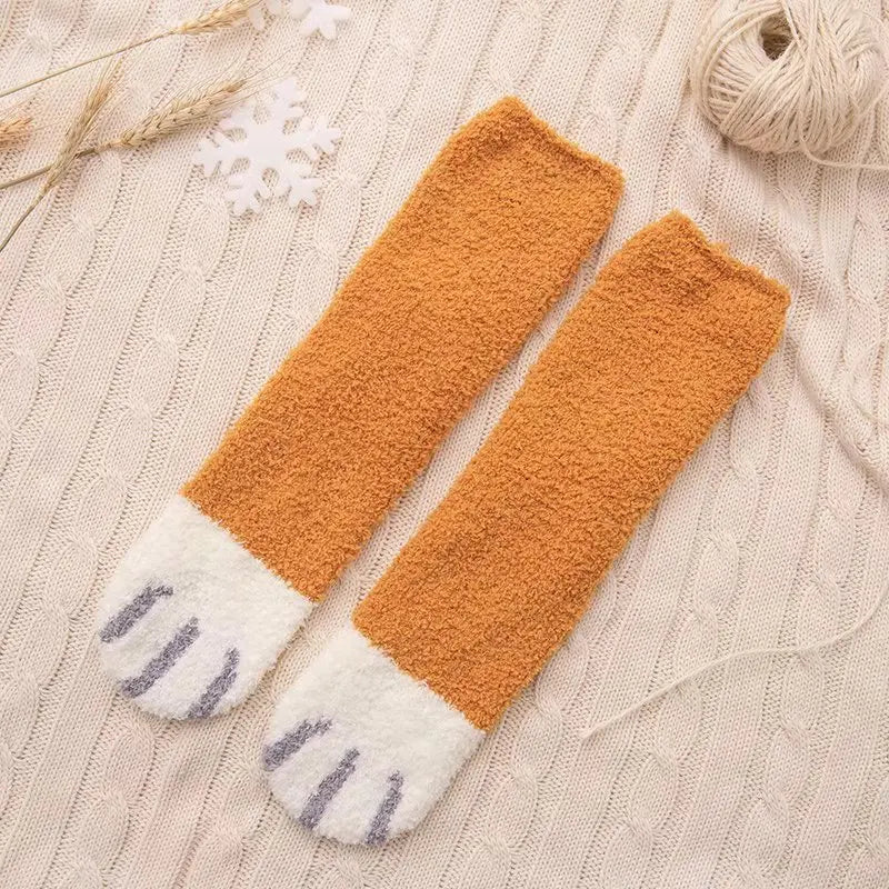 Women Winter Warm Fluffy Socks Cute Animal Claw Cat Paw Footprint Fuzzy Socks Female Thick Coral Fleece Home Floor Sleep Socks