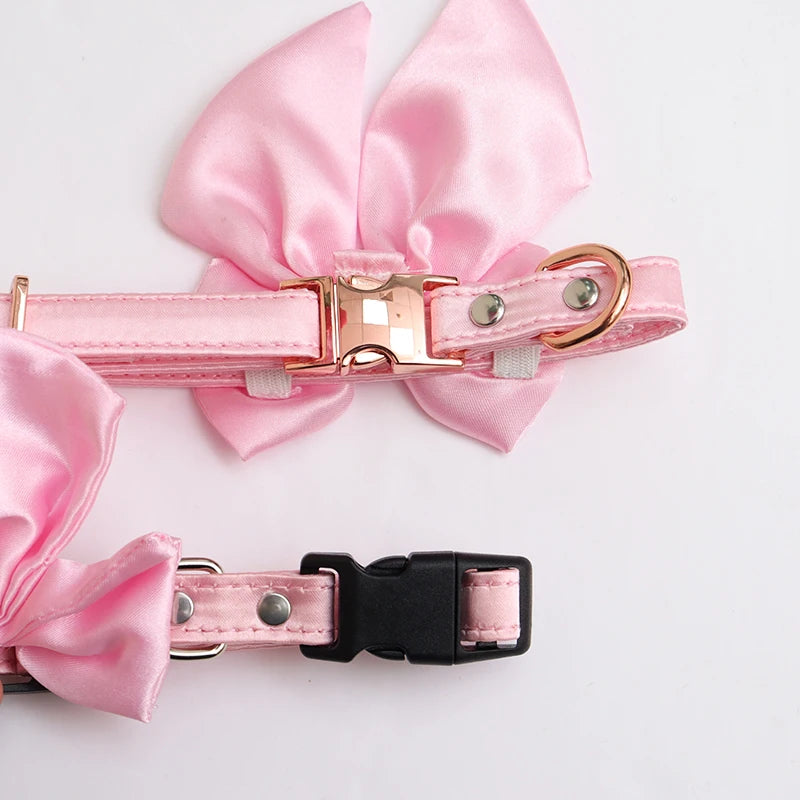 Silk Pink Dog Collar Adjustable Collar for Girl  Puppy Kitten Cats Big Bow White Pet Collar with Metal Buckle Pet Accessories